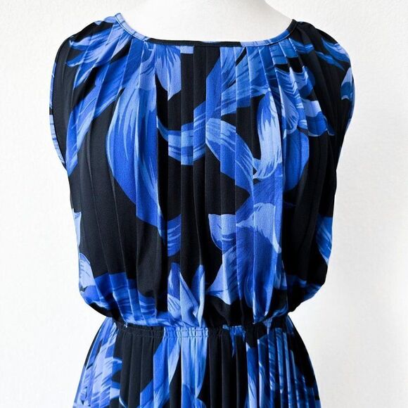 Vintage Y2K Ann Taylor Blue Black Pleated Flared Knee Length Dress Size M - Picture 4 of 6